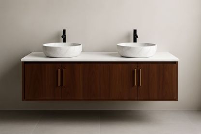 Mobile Sospeso con Doppi Lavabi in Marmo e Legno 150x50x60 cm-Jardinmarie