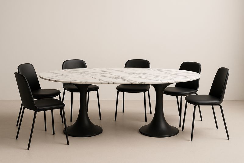 Set Tavolo Ovale in Marmo con 6 Sedie in Pelle Nera-Jardinmarie