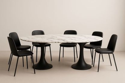 Set Tavolo Ovale in Marmo con 6 Sedie in Pelle Nera-Jardinmarie