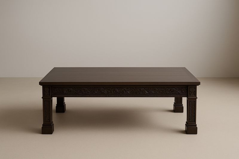 Tavolino rettangolare in legno massello intagliato marrone scuro 150x60x45 cm-Jardinmarie