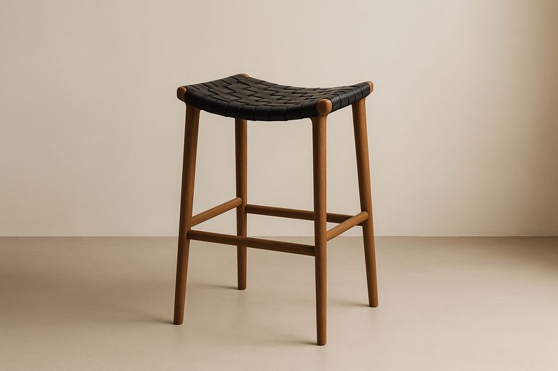 Sgabello in legno massello noce seduta intrecciata in pelle sintetica nera-Jardinmarie