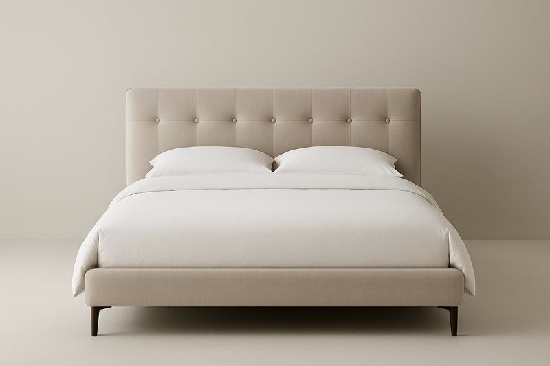 Letto matrimoniale imbottito beige in tessuto con testiera a bottoni 200x160×100 cm-Jardinmarie