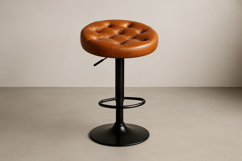 Sgabello regolabile girevole rotondo in pelle PU marrone con base in metallo nero-Jardinmarie