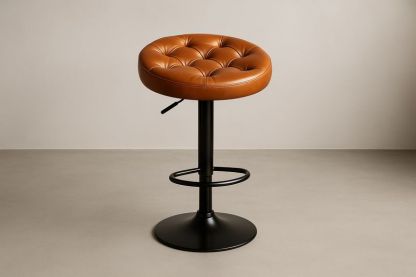 Sgabello regolabile girevole rotondo in pelle PU marrone con base in metallo nero-Jardinmarie