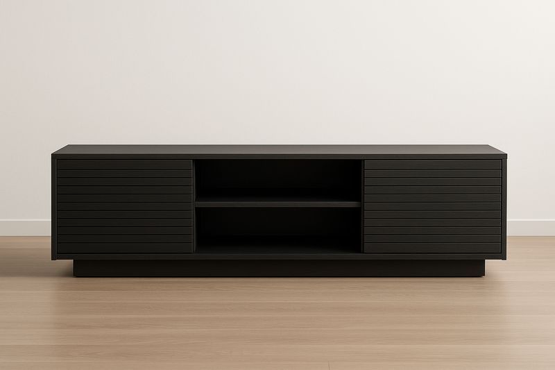 Mobile TV rettangolare nero con ante e scaffali in MDF-Jardinmarie