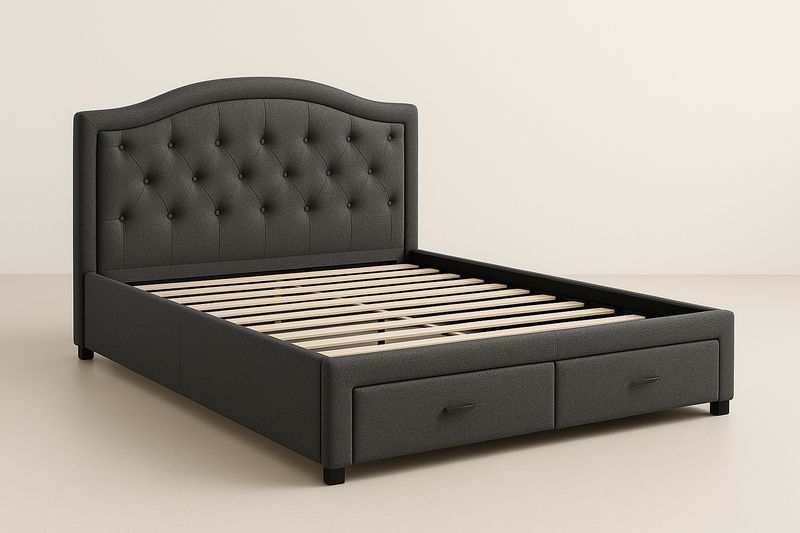Letto in legno compensato imbottito con cassetti grigio scuro-Jardinmarie