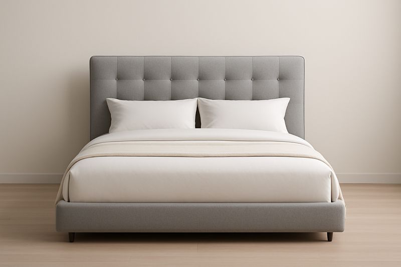 Letto matrimoniale imbottito in tessuto poliestere grigio con struttura in legno massello 160x200×110 cm-Jardinmarie