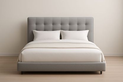 Letto matrimoniale imbottito in tessuto poliestere grigio con struttura in legno massello 160x200×110 cm-Jardinmarie