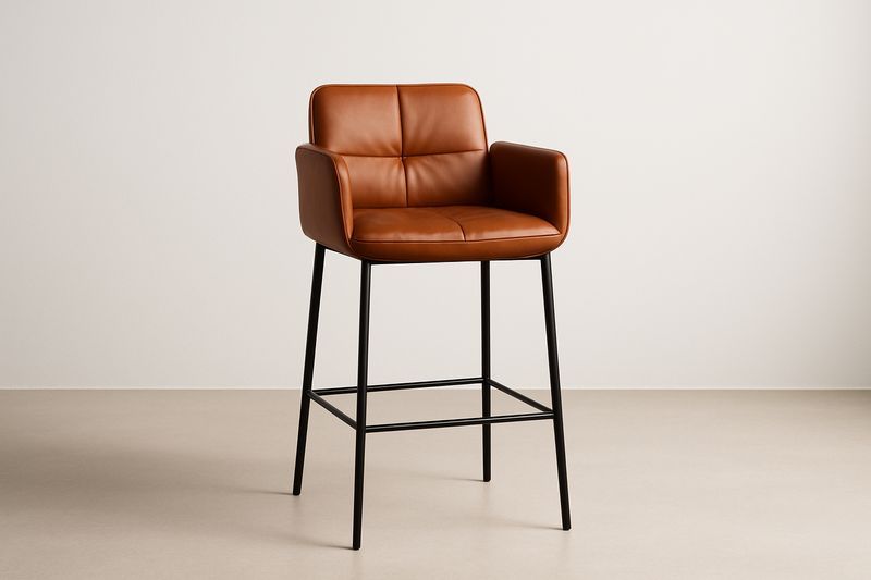 Sgabello da Bar in Pelle Sintetica Marrone con Struttura in Metallo Nero-Jardinmarie