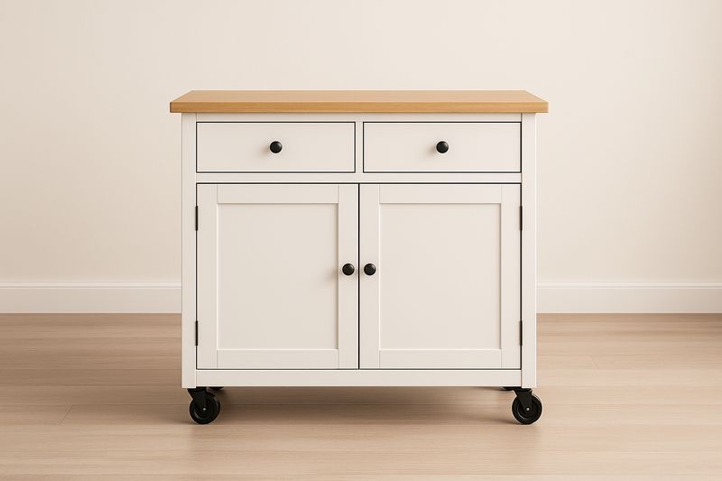 Carrello da Cucina Bianco con Ripiano in Legno e Ruote-Jardinmarie