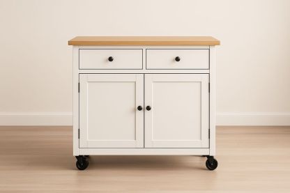 Carrello da Cucina Bianco con Ripiano in Legno e Ruote-Jardinmarie