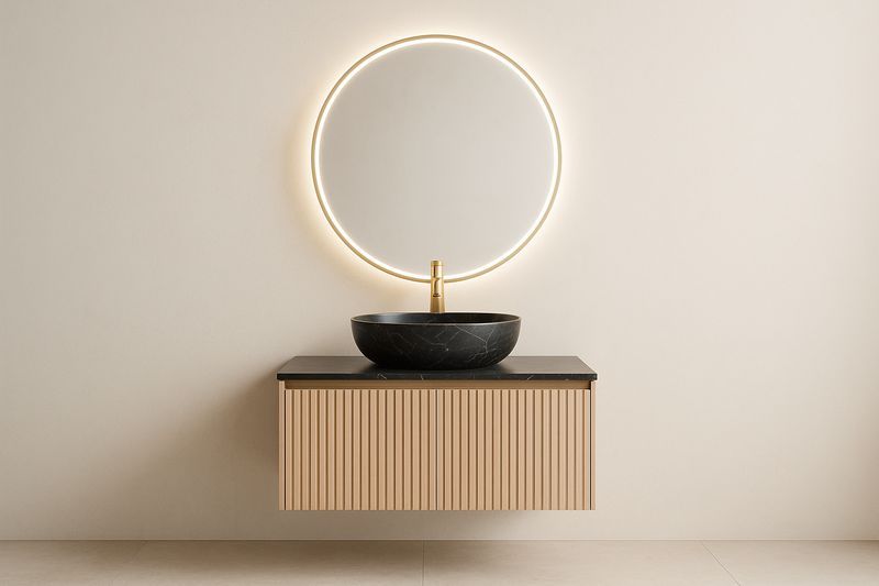 Specchio Rotondo con Luce LED e Lavabo in Marmo Nero con Mensola Sospesa in Legno-Jardinmarie