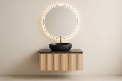 Specchio Rotondo con Luce LED e Lavabo in Marmo Nero con Mensola Sospesa in Legno-Jardinmarie