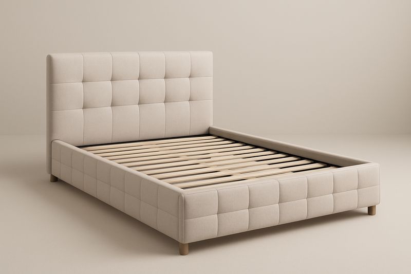 Letto in tessuto beige con doghe in legno di pino 200x160×100 cm-Jardinmarie