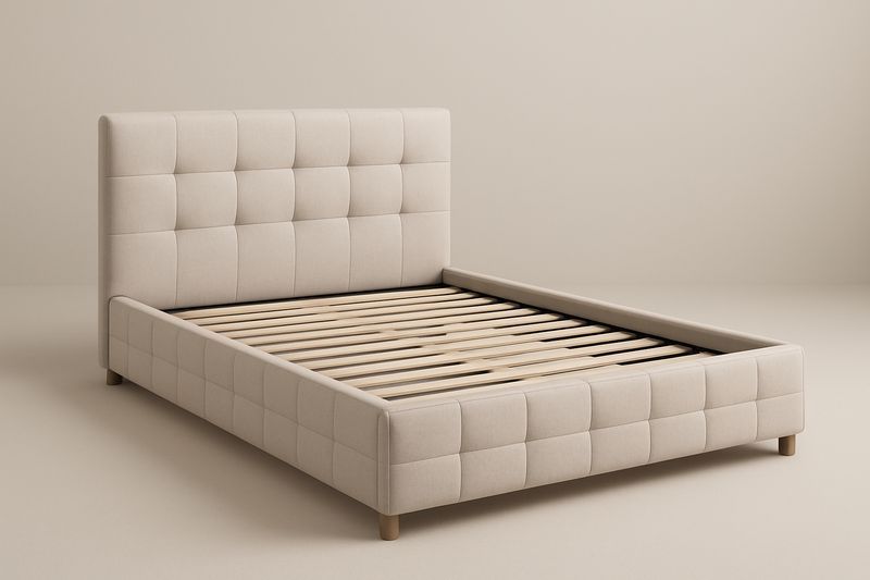 Letto in tessuto beige con doghe in legno di pino 200x160×100 cm-Jardinmarie