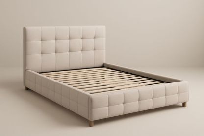 Letto in tessuto beige con doghe in legno di pino 200x160×100 cm-Jardinmarie