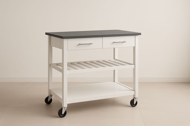 Carrello da Cucina in Legno MDF Bianco con Piano Laminato Nero-Jardinmarie
