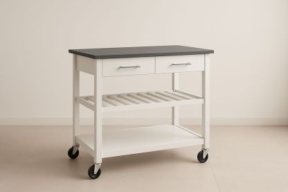 Carrello da Cucina in Legno MDF Bianco con Piano Laminato Nero-Jardinmarie