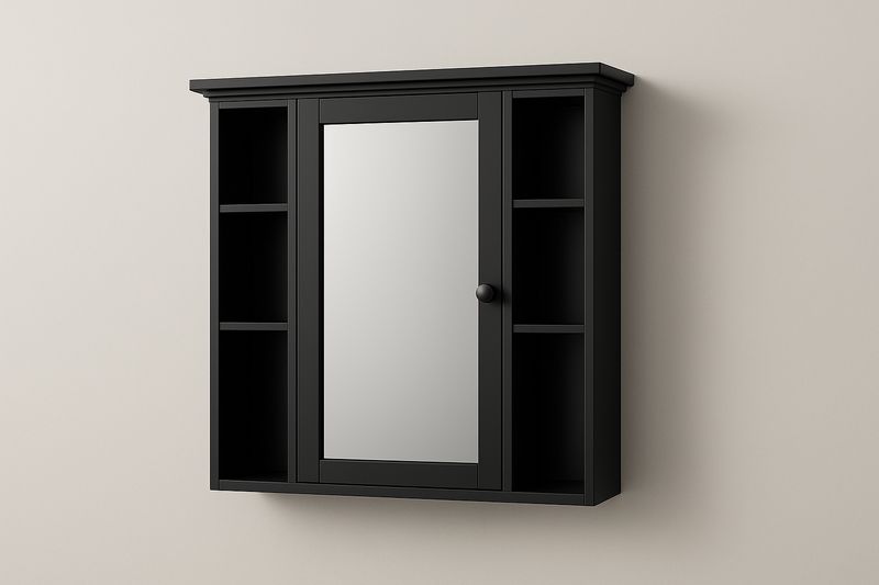 Armadio bagno a specchio nero in MDF con scaffali e anta centrale-Jardinmarie