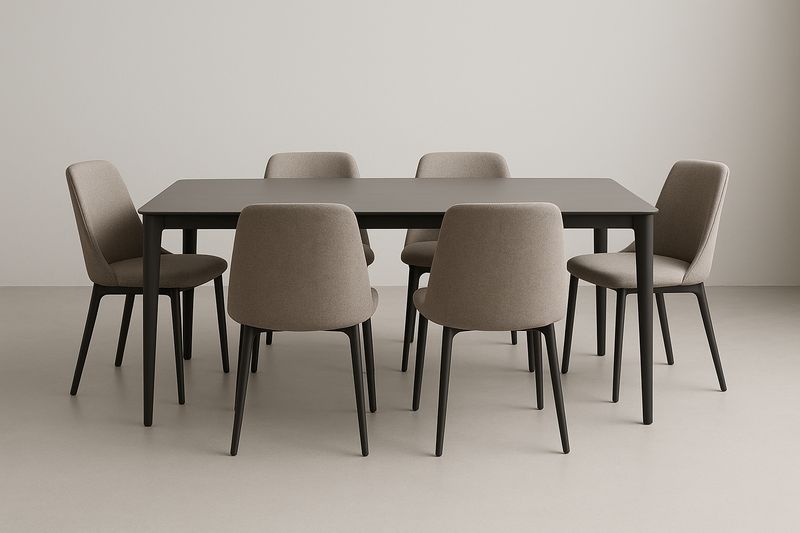 Set tavolo nero con 6 sedie imbottite in tessuto grigio.-Jardinmarie