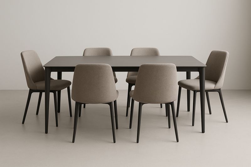 Set tavolo nero con 6 sedie imbottite in tessuto grigio.-Jardinmarie