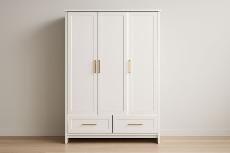 Armadio a Tre Ante con Cassetti in MDF Bianco 200x150x60 cm-Jardinmarie