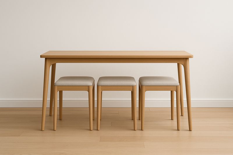 Tavolo in legno con 3 sgabelli rivestiti in tessuto beige-Jardinmarie