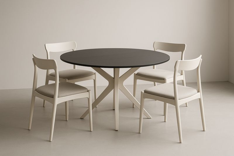 Set Tavolo Rotondo in MDF Nero e 4 Sedie Imbottite in Tessuto Beige-Jardinmarie