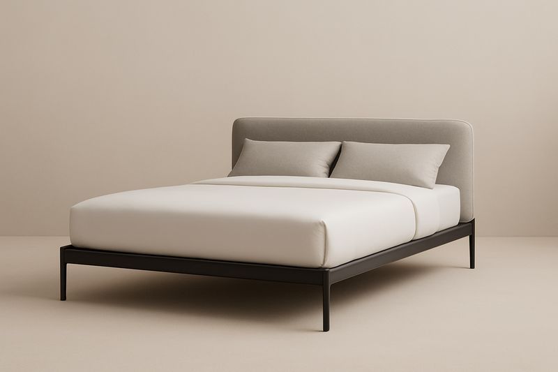 Letto matrimoniale con testiera in tessuto grigio e struttura in metallo-Jardinmarie