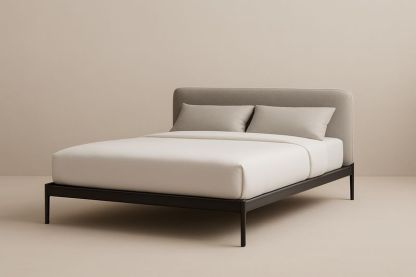 Letto matrimoniale con testiera in tessuto grigio e struttura in metallo-Jardinmarie