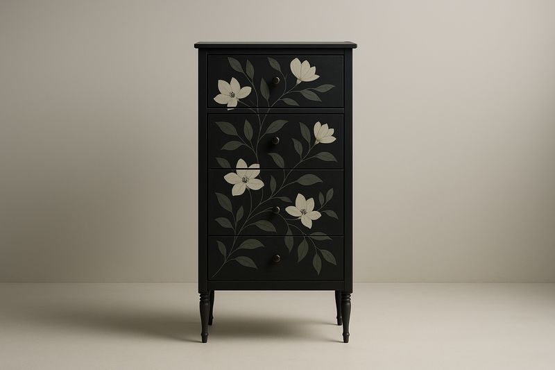 Cassettiera alta nera con decorazioni floreali 4 cassetti MDF-Jardinmarie