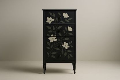 Cassettiera alta nera con decorazioni floreali 4 cassetti MDF-Jardinmarie