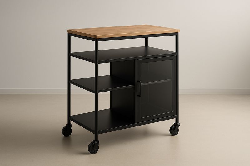 Carrello da Cucina in Metallo Nero con Top in Legno di Pino-Jardinmarie