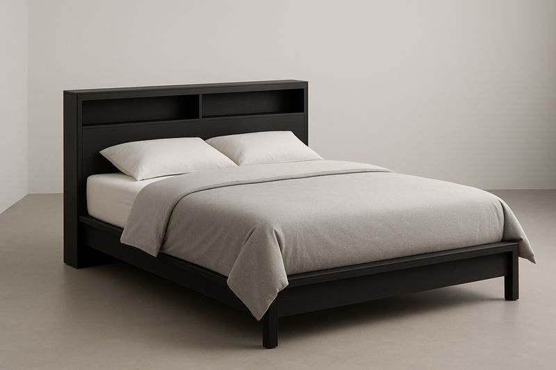 Letto matrimoniale in legno nero con testiera scaffale-Jardinmarie