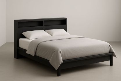 Letto matrimoniale in legno nero con testiera scaffale-Jardinmarie