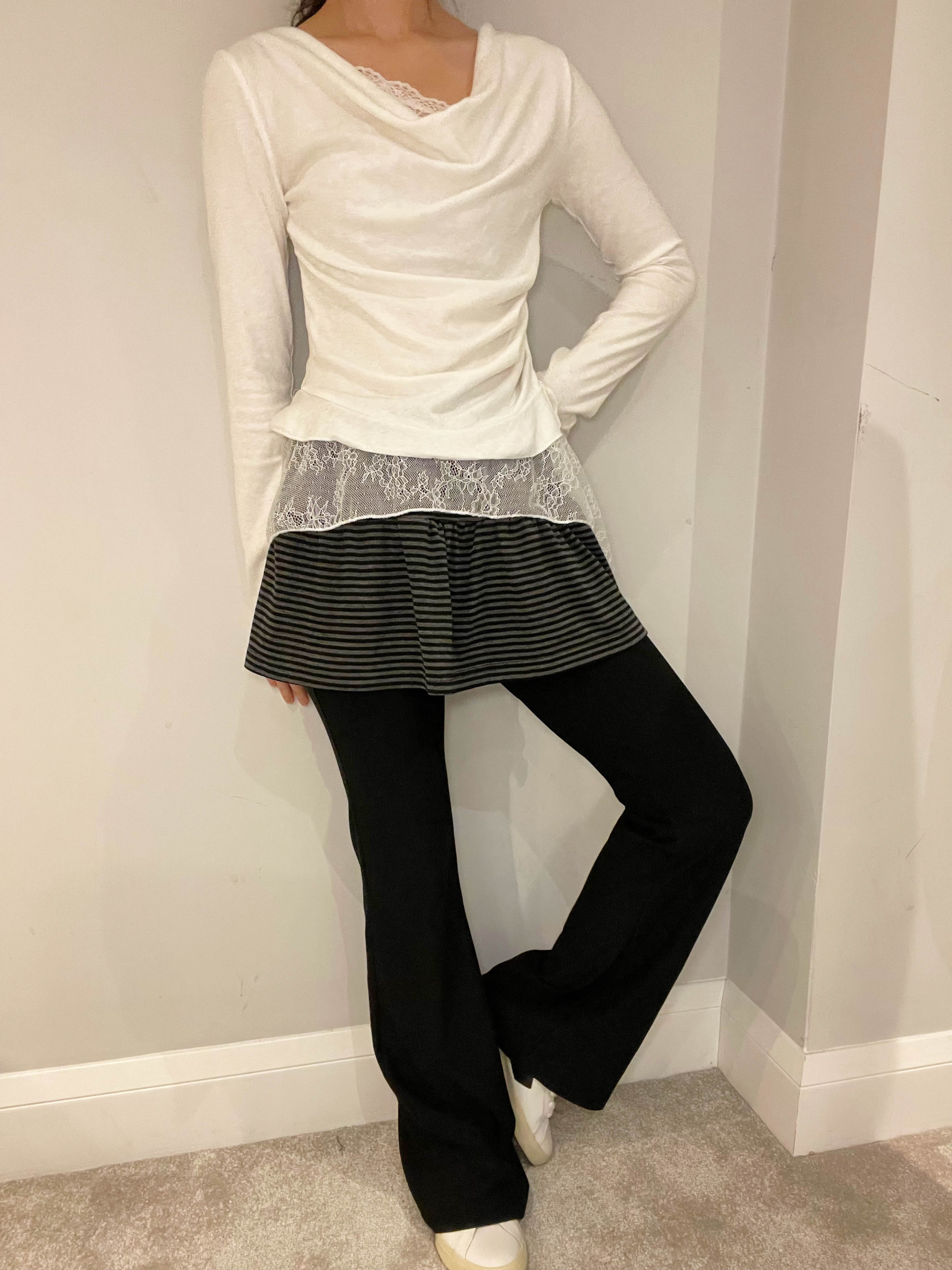 Stripe Skirt Layered Boot-Cut Pants