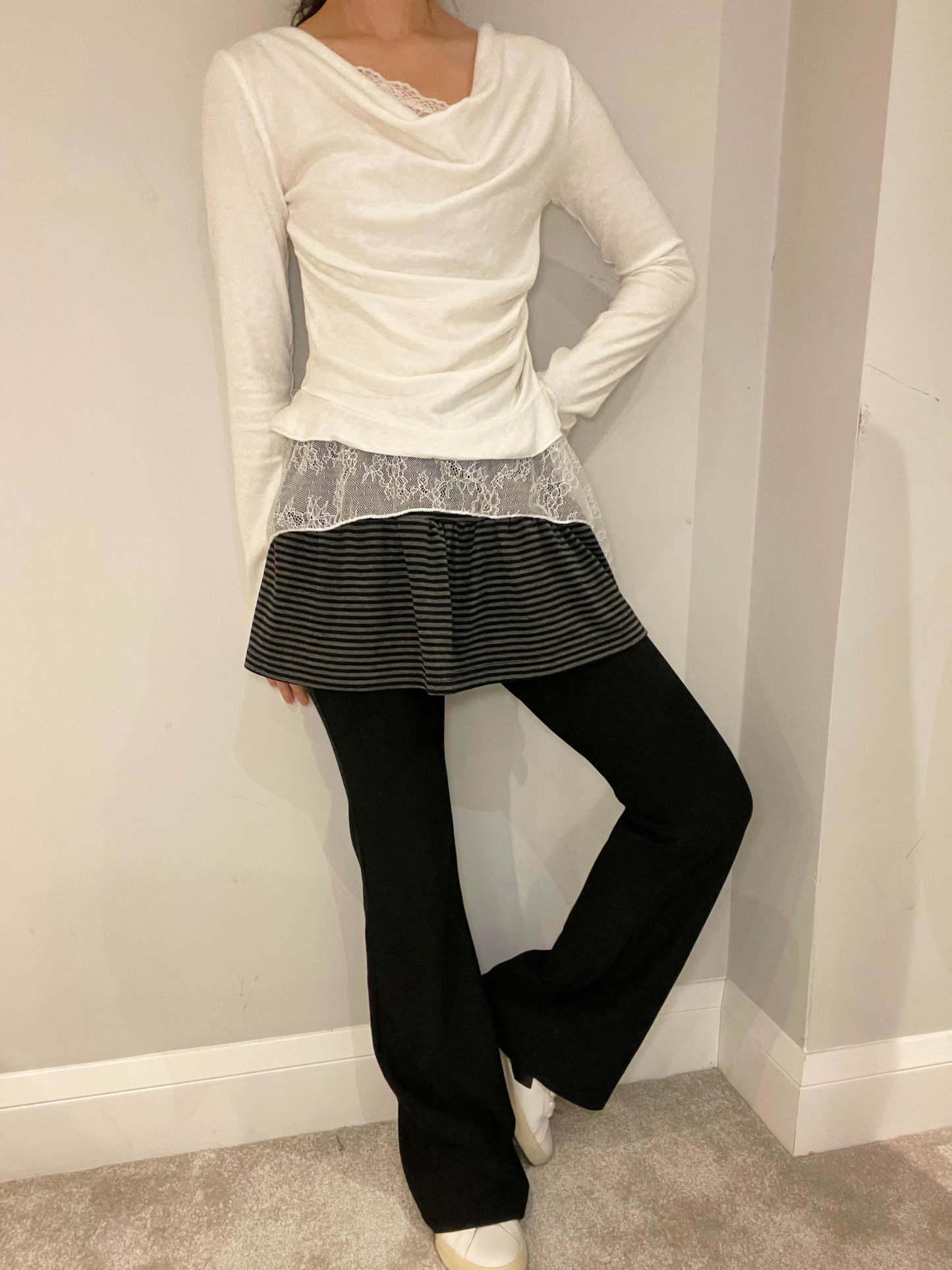 Stripe Skirt Layered Boot-Cut Pants