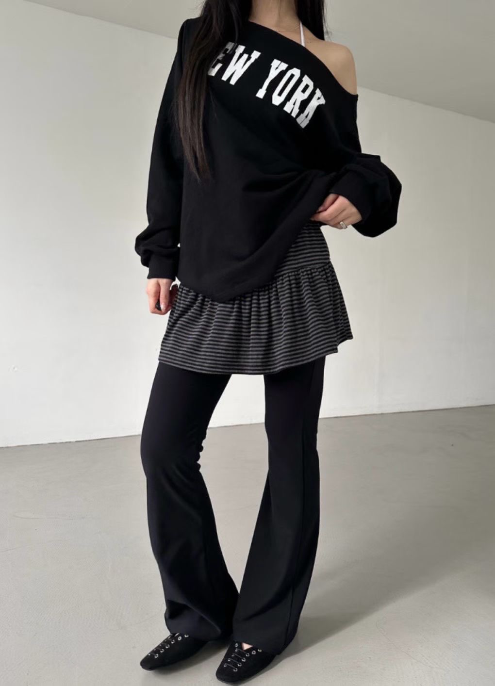 C1602 Stripe Skirt Layered Boot-Cut Pants
