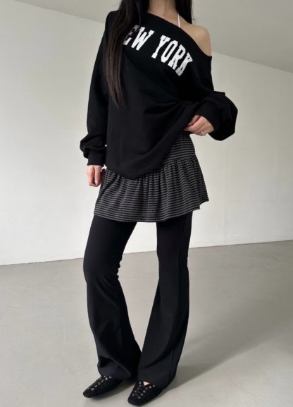 C1602 Stripe Skirt Layered Boot-Cut Pants
