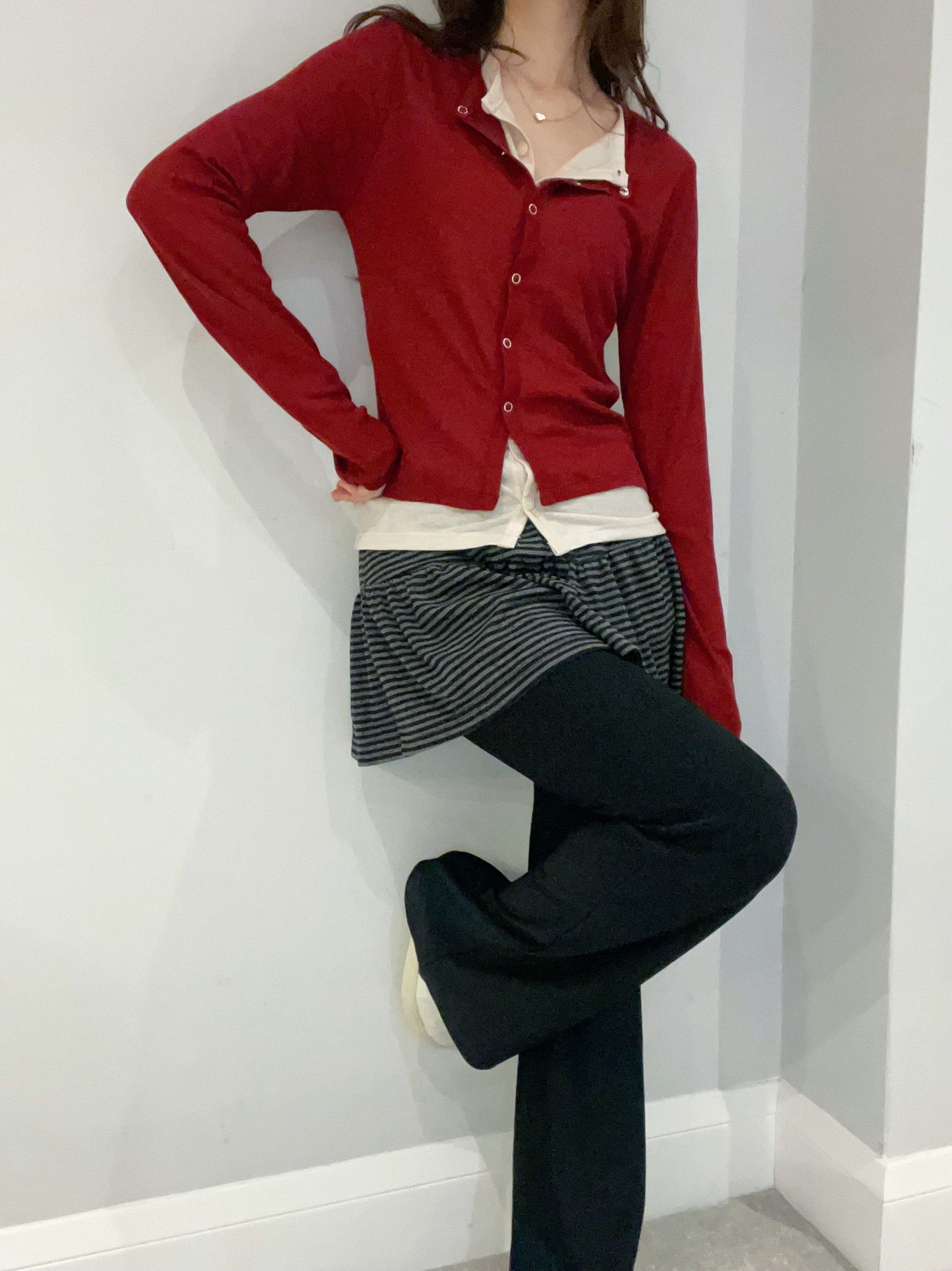 Stripe Skirt Layered Boot-Cut Pants