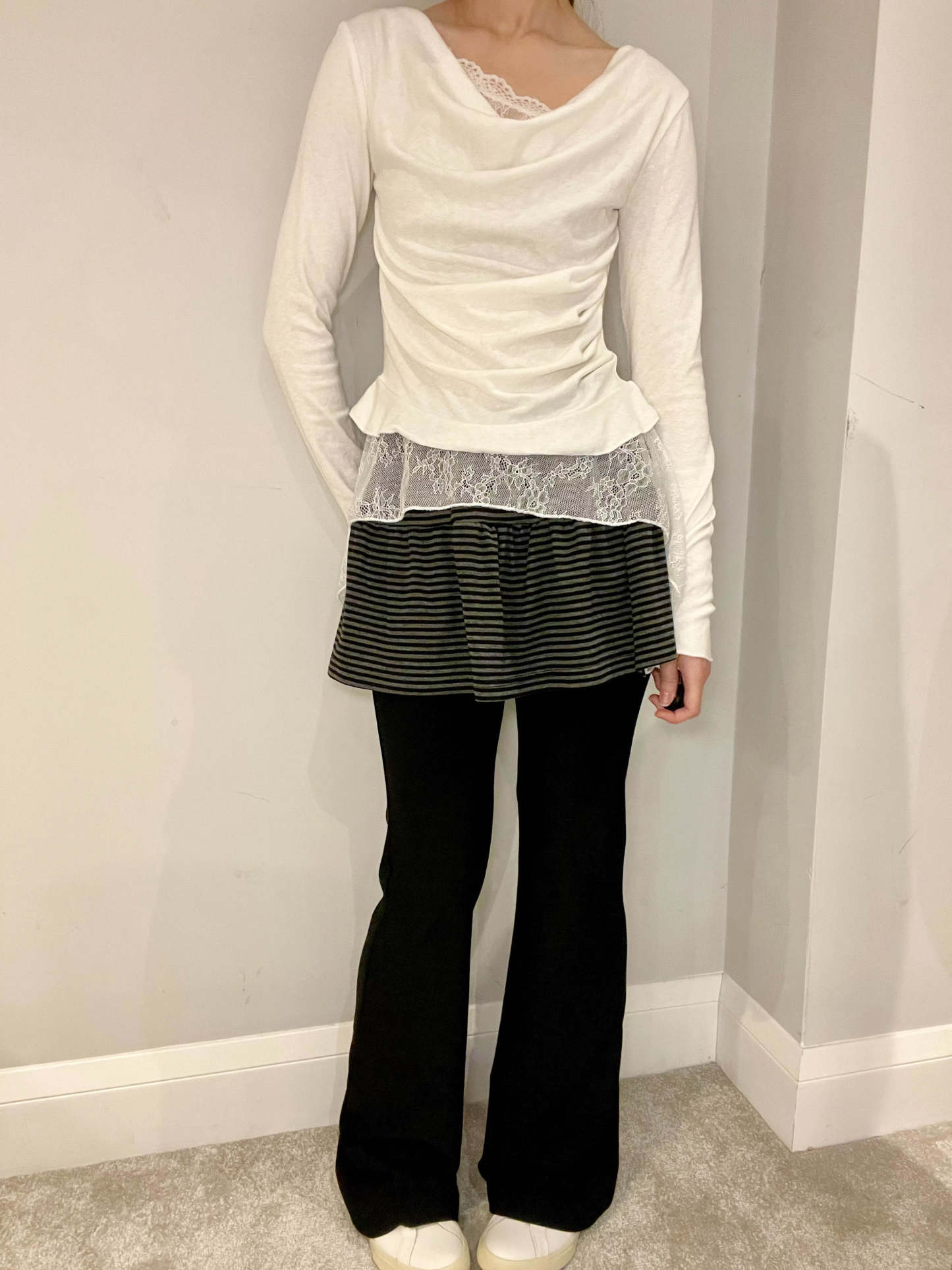 Stripe Skirt Layered Boot-Cut Pants