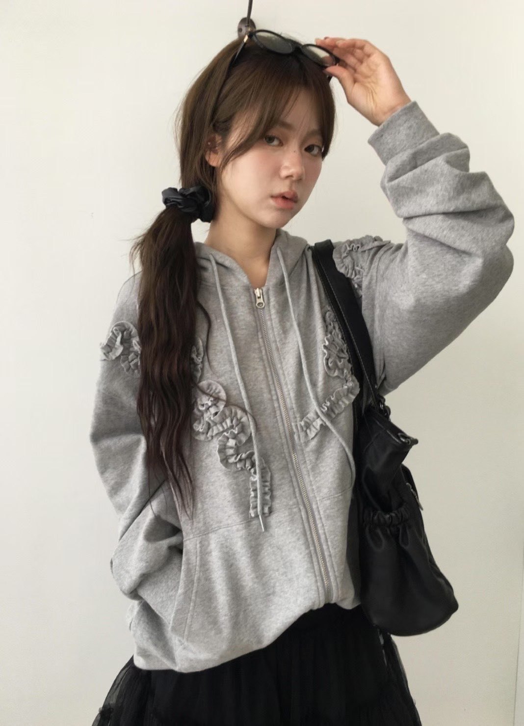 C1604 Oversized Rose Frill Hoodie