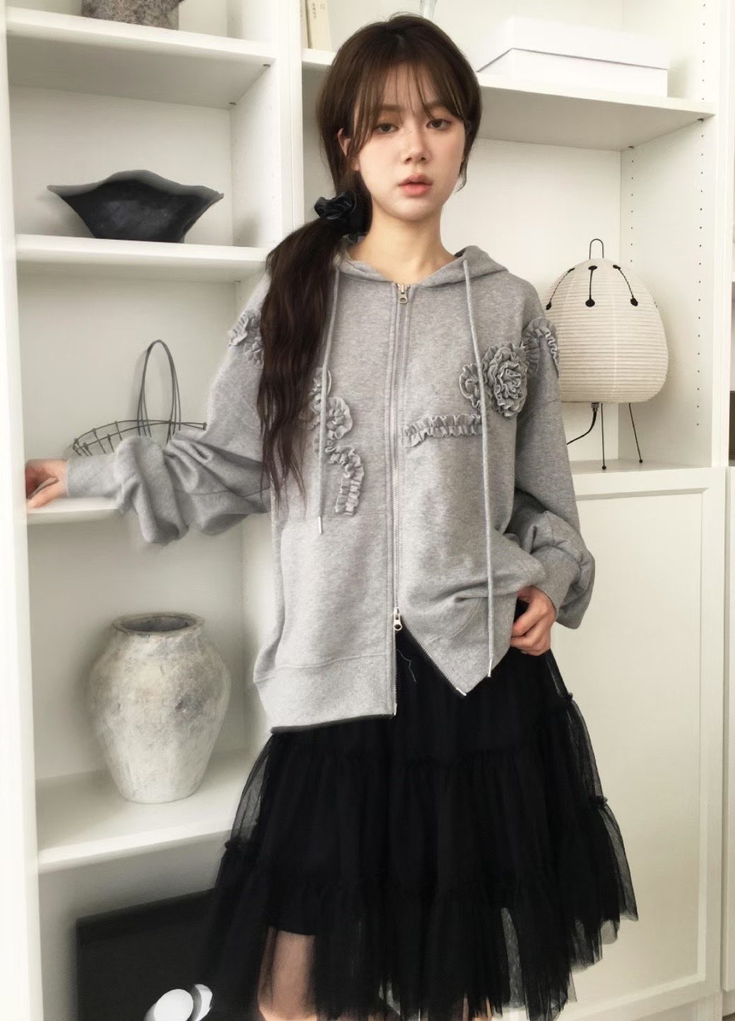 C1604 Oversized Rose Frill Hoodie