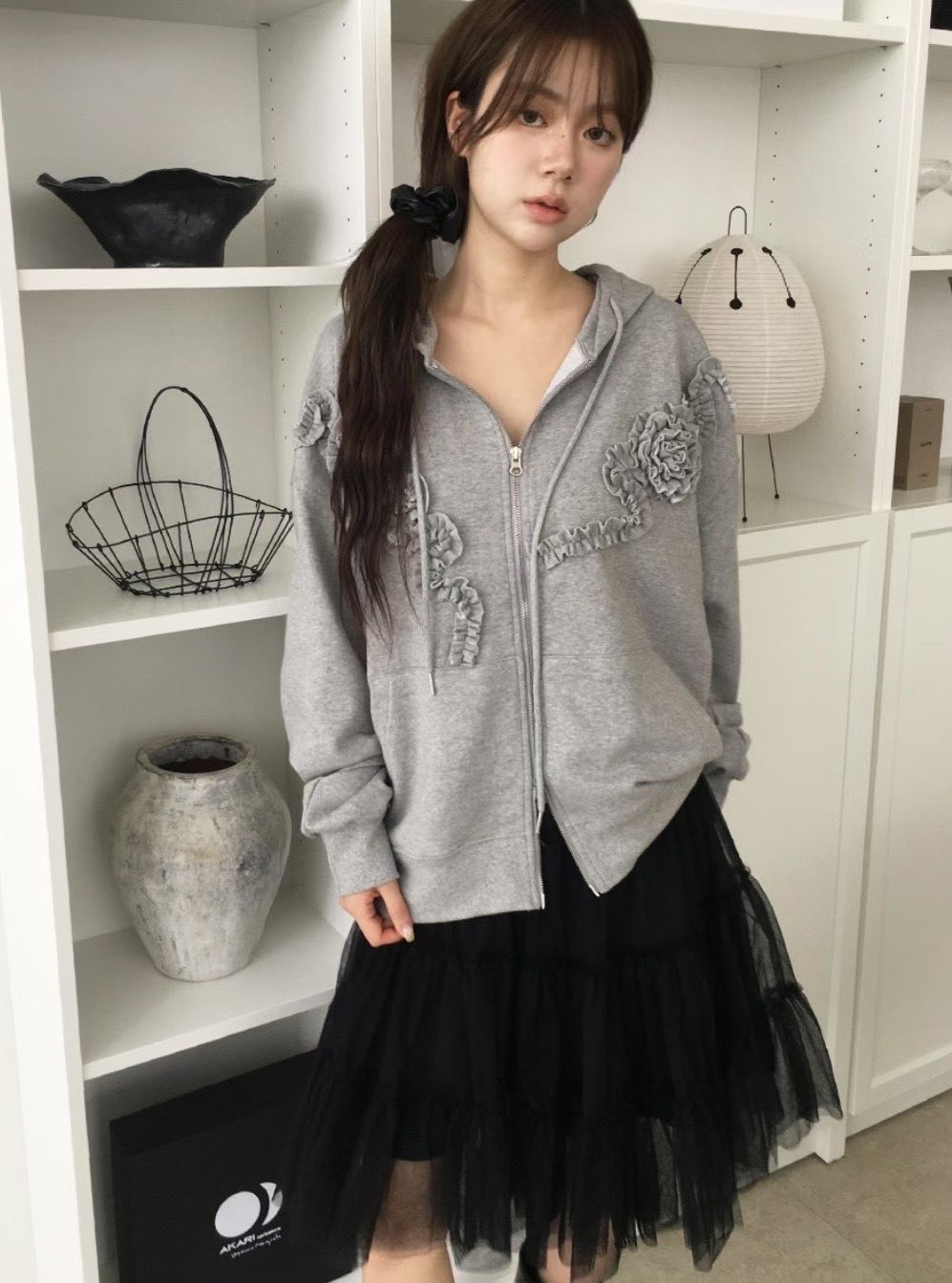 C1604 Oversized Rose Frill Hoodie
