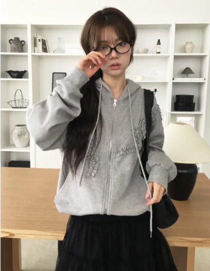 C1604 Oversized Rose Frill Hoodie