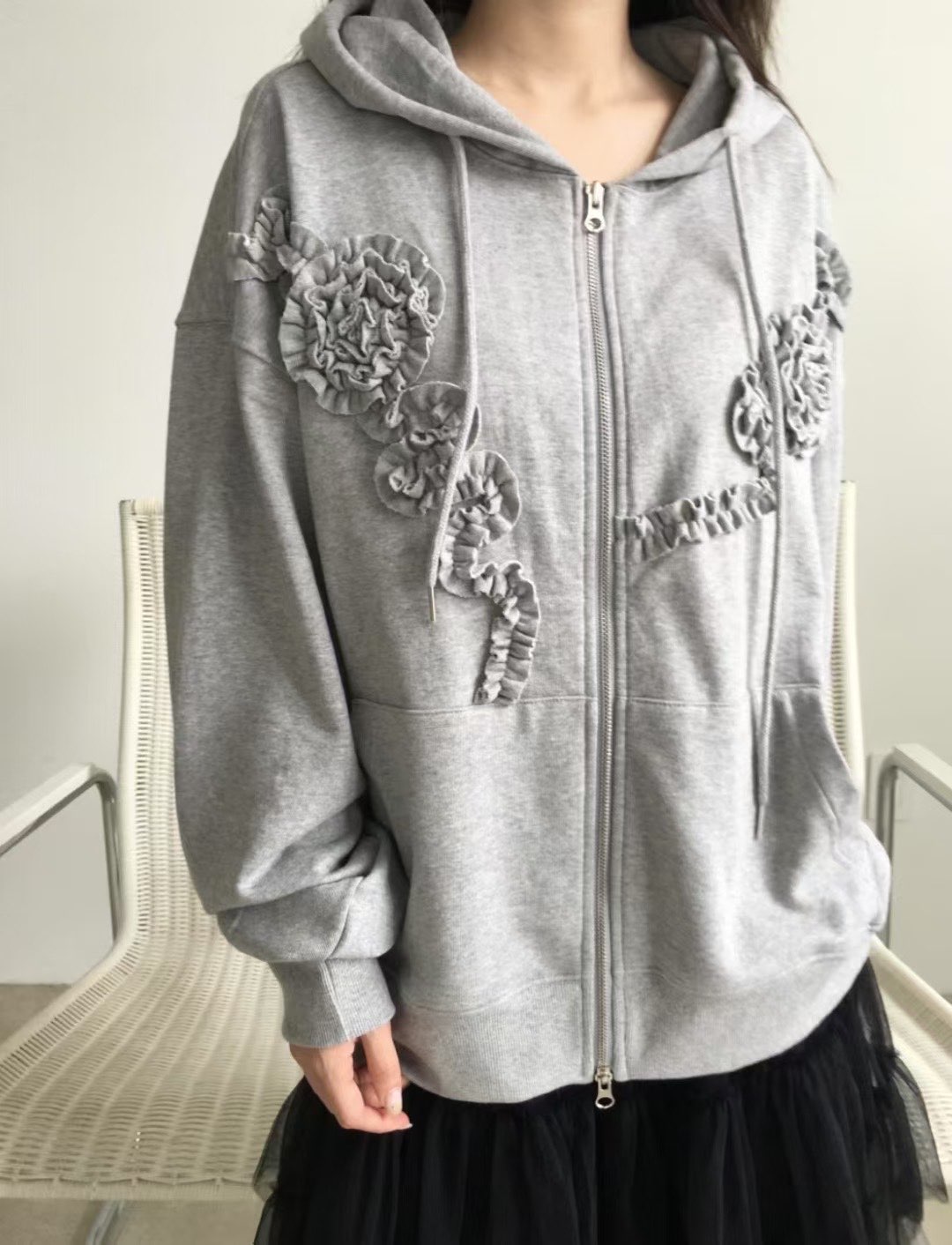 C1604 Oversized Rose Frill Hoodie