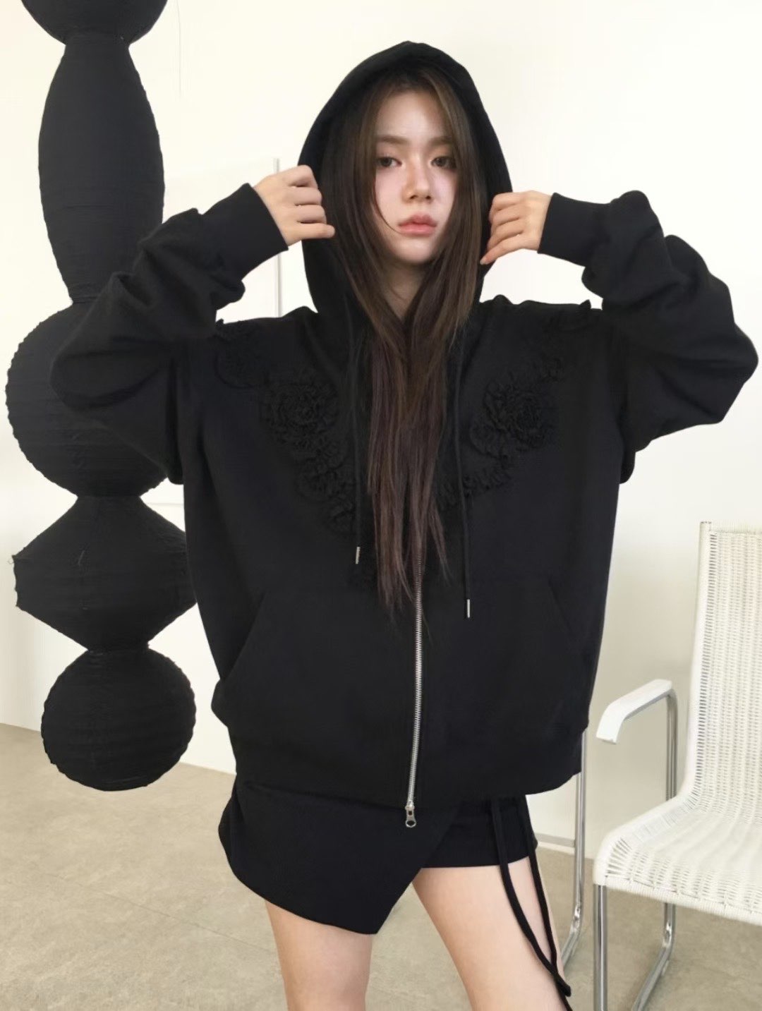 C1604 Oversized Rose Frill Hoodie
