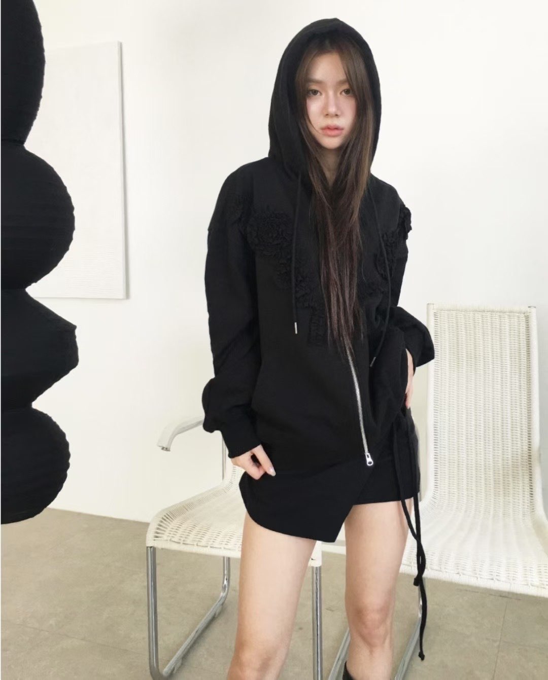 C1604 Oversized Rose Frill Hoodie