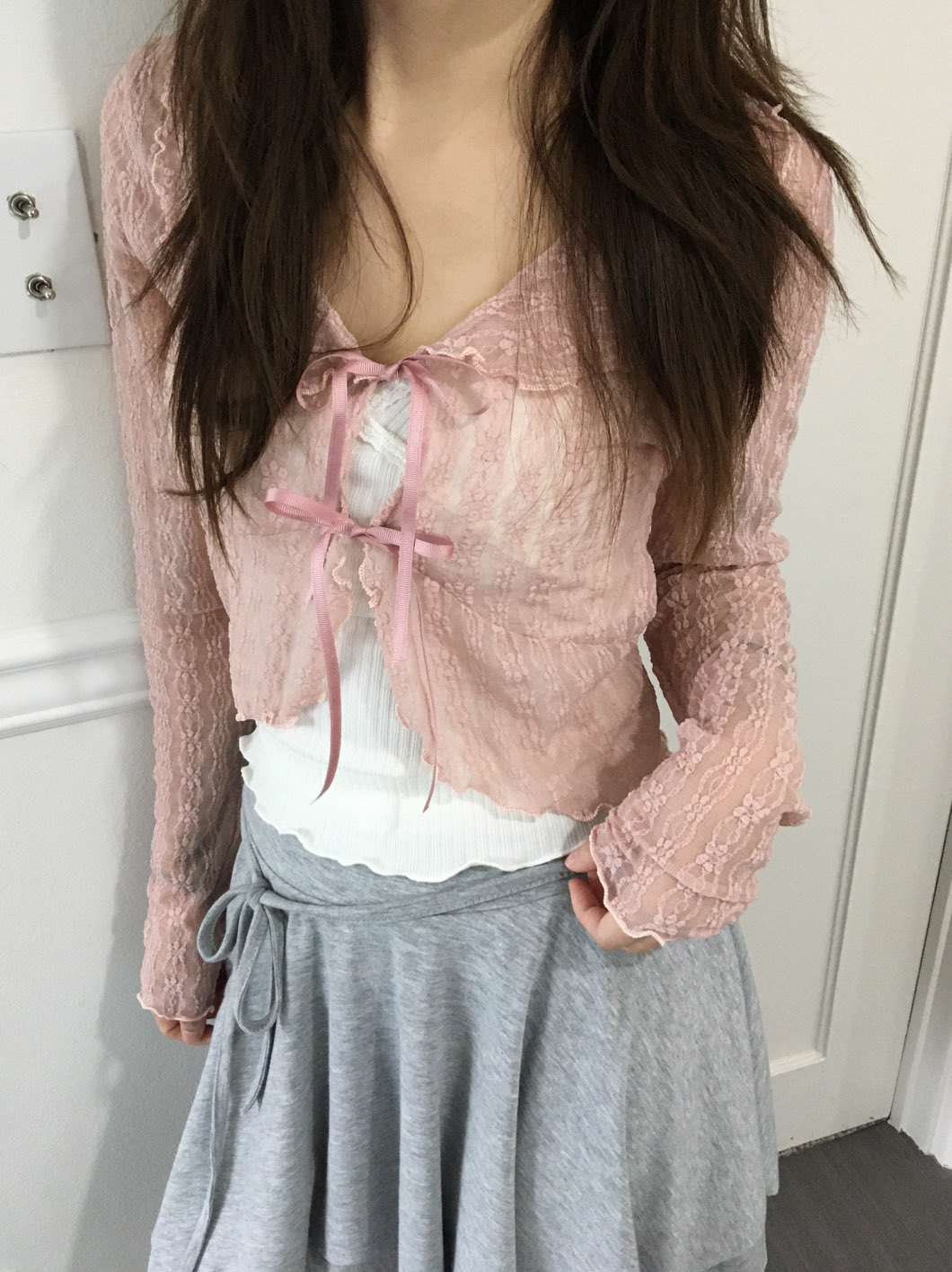 [Preorder 1st Drop Price] C2201 Ribbon Sheer Lace Cardigan