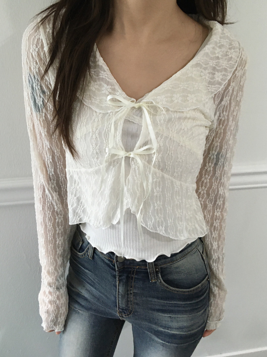 [Preorder 1st Drop Price] C2201 Ribbon Sheer Lace Cardigan